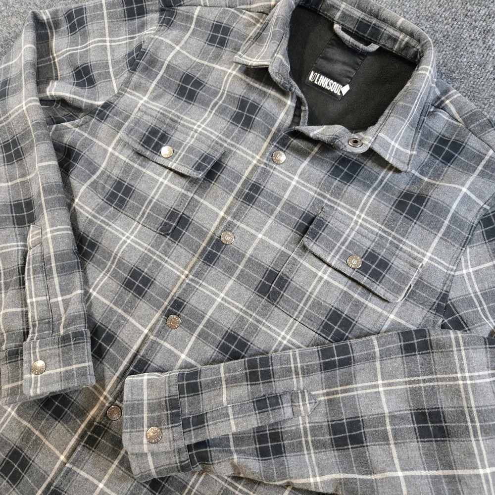 Linksoul Mens Fleece Lined Plaid Shirt Jacket Grey Black Snap Front L Gorpcore